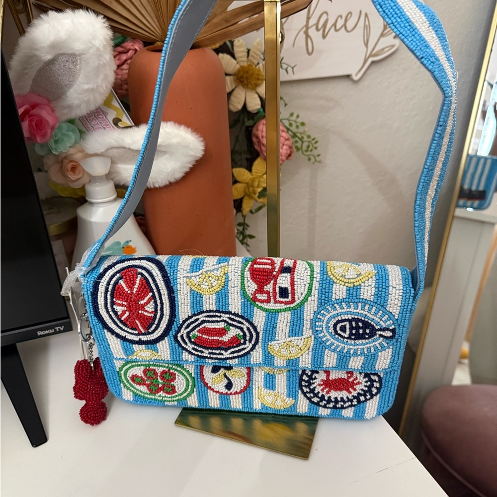 Viral TJMAXX Beaded Blue Striped Shoulder Bag with Nautical Patchwork